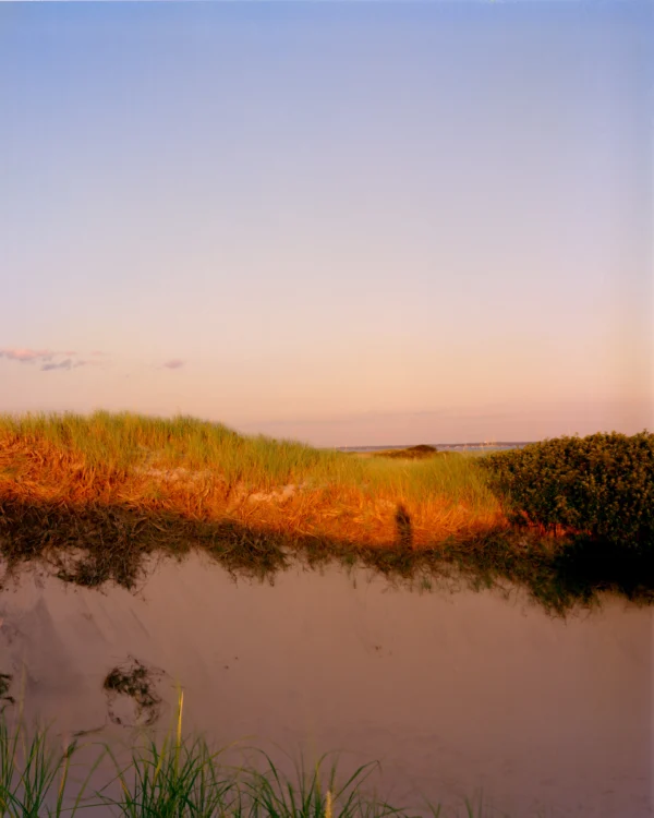 This three-panel panoramic landscape photograph made on Cape Cod depicts golden sunset light washing over sand dunes crested with American beachgrass below a dramatic sky.