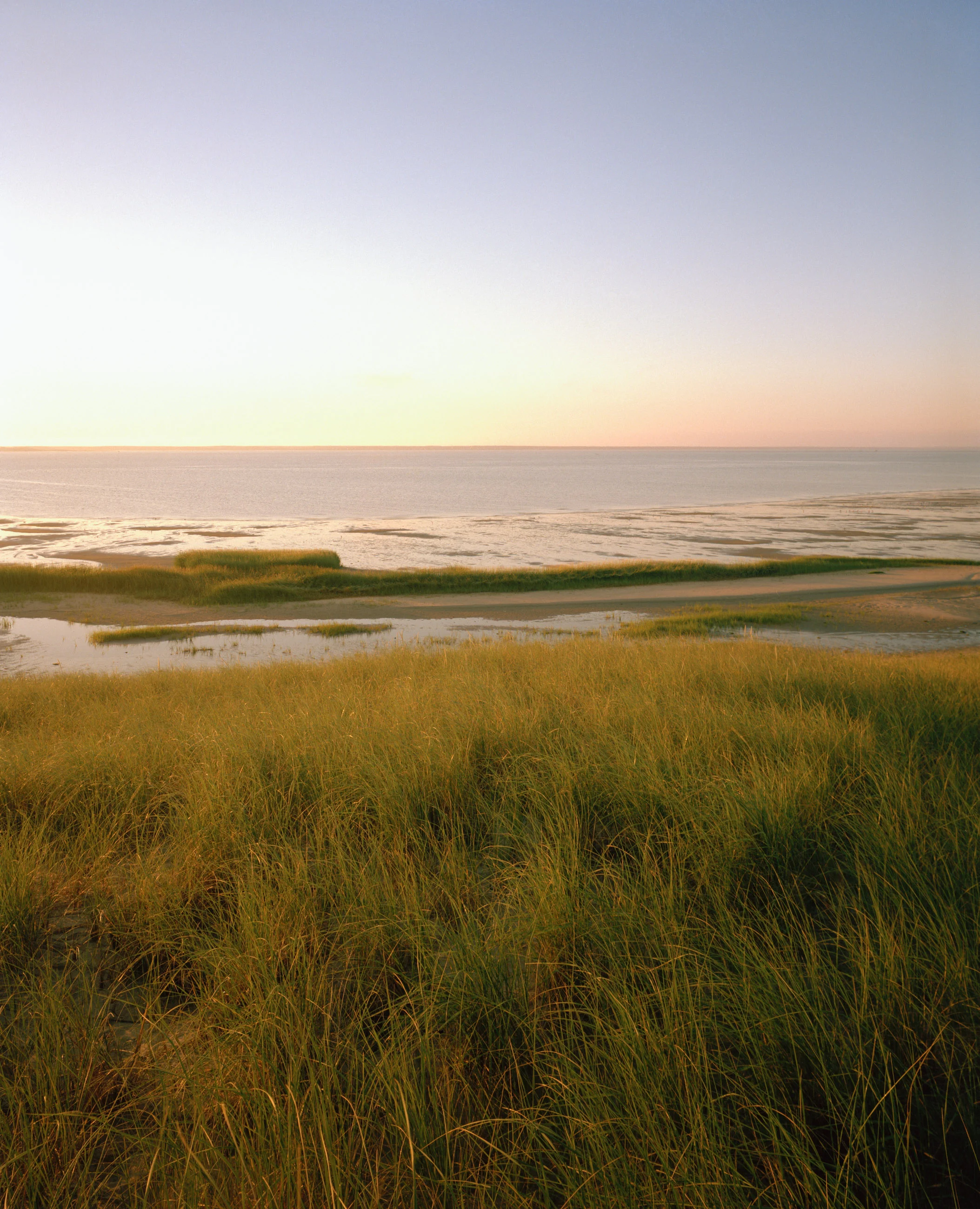 This seven-panel panoramic Cape Cod beach landscape photograph shows the light from a sunrise falling across a spit of beach projecting into a bay.