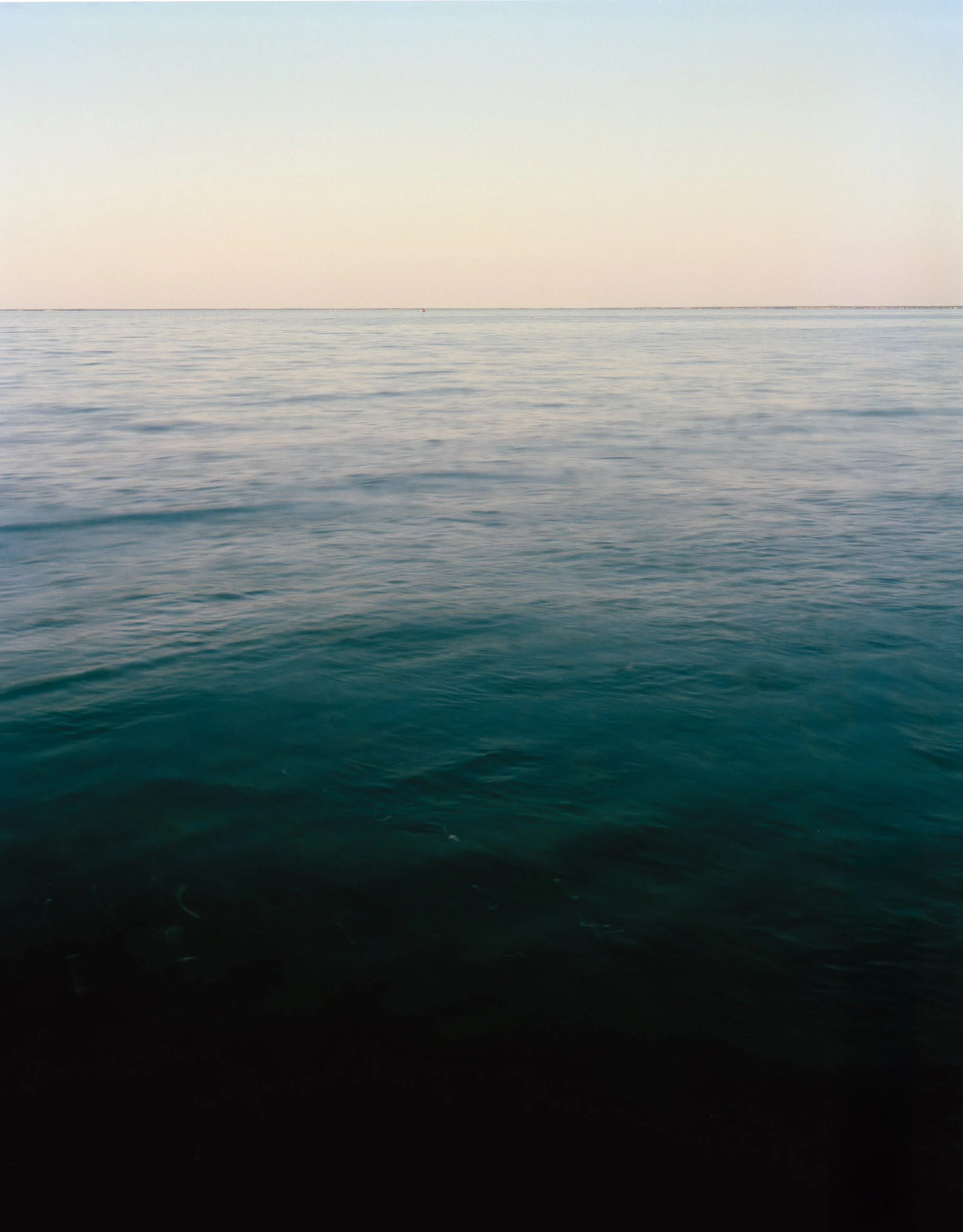 This five-panel panoramic landscape photograph shows flooding Cape Cod Bay tidal water rising up around a field of boulders distributed across a small beach headland.