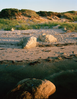This five-panel panoramic landscape photograph shows flooding Cape Cod Bay tidal water rising up around a field of boulders distributed across a small beach headland.